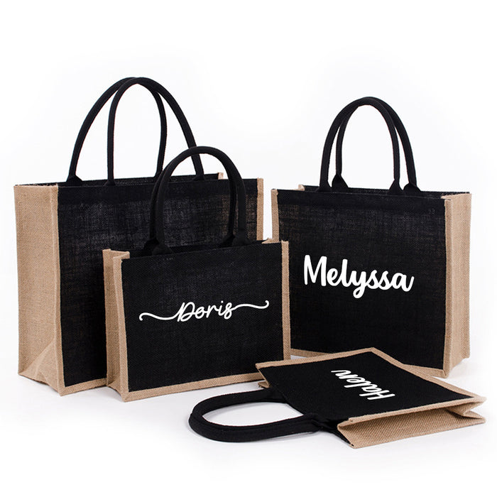 Personalized Black Burlap Tote Bag, Custom Bridesmaid Tote Bags, Black Jute Bag, Monogram Beach Tote Bag with Name, Custom Wedding Tote