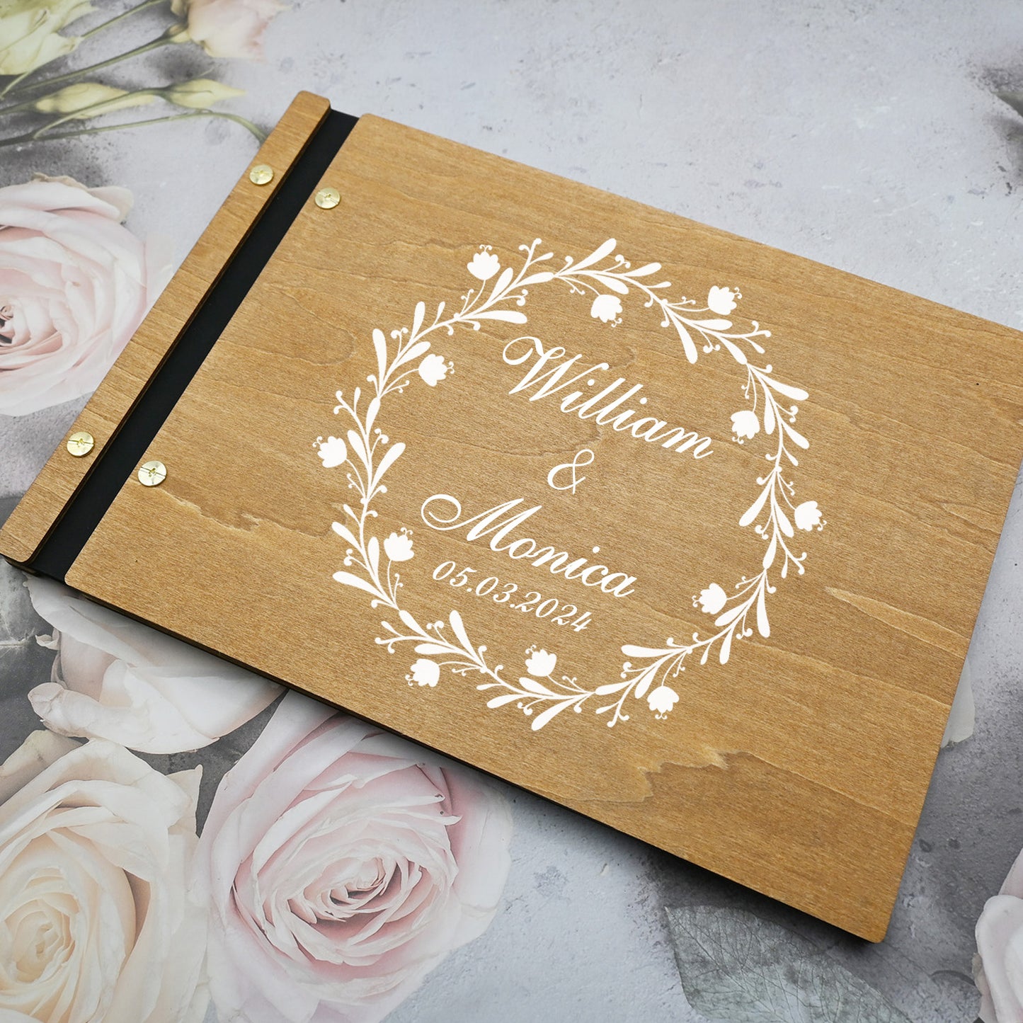 Floral wedding guest book made of wood, memory book, photo book