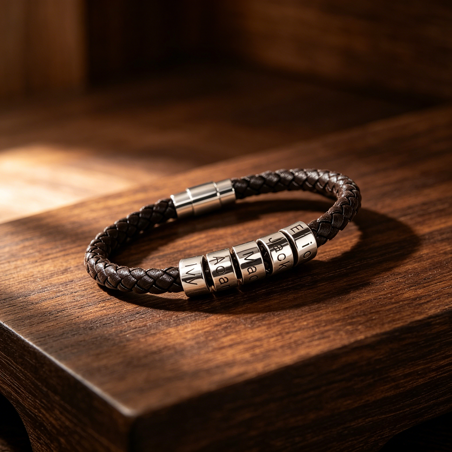 Personalized Mens Leather Bracelet: Custom Sterling Silver Beads