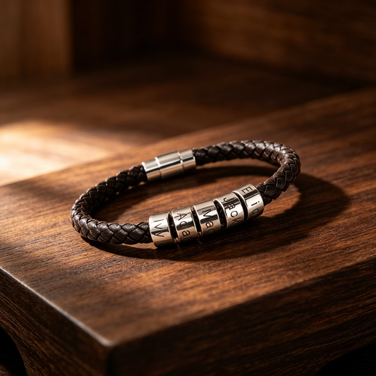 Personalized Mens Leather Bracelet: Custom Sterling Silver Beads