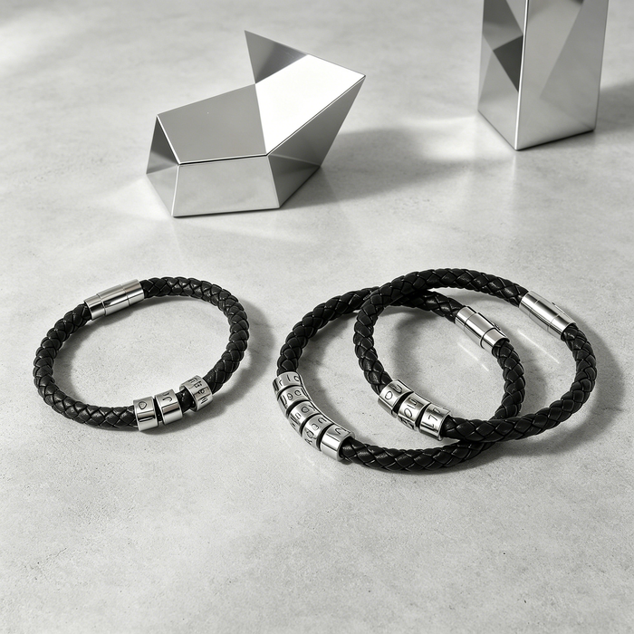 Personalized Mens Leather Bracelet: Custom Sterling Silver Beads
