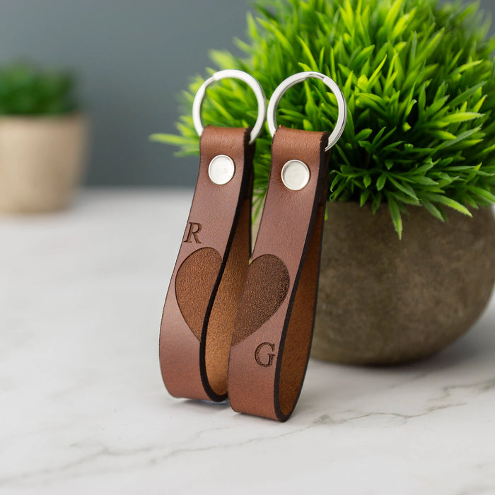 Personalised Leather Keyring Monogram Initials - Couples Gift Pair of Keyrings Valentines Hearts Love Married BF GF Christmas Birthday