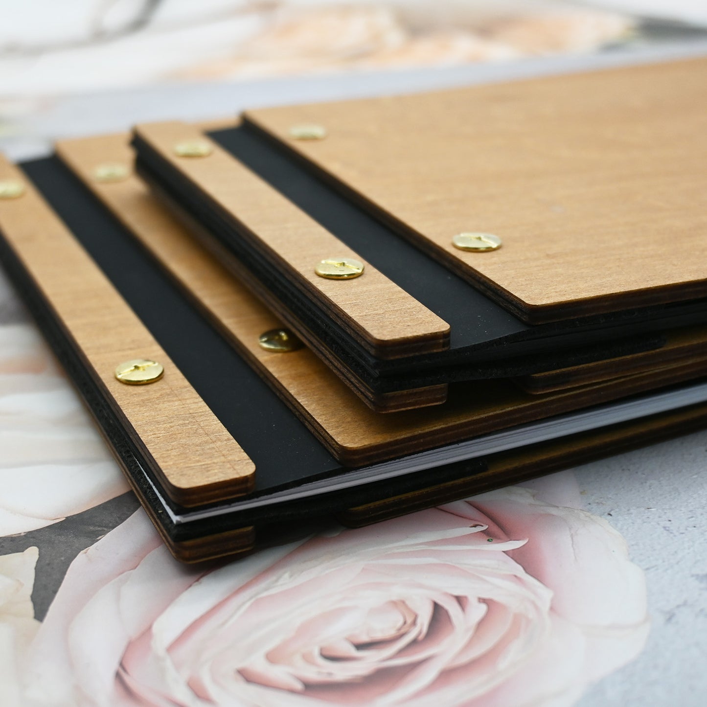 Floral wedding guest book made of wood, memory book, photo book