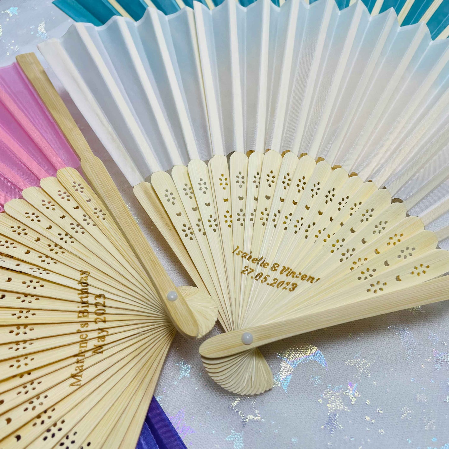 8 Colors Personalized Silk Fans, Folding Hand Fan, Wedding Bridal Party Favors (Middle engraving)