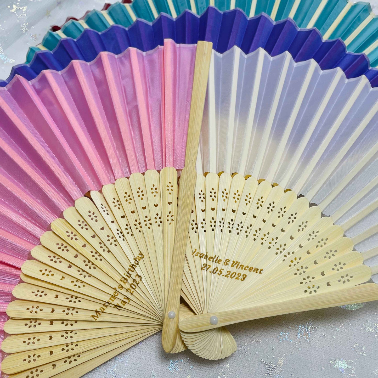 8 Colors Personalized Silk Fans, Folding Hand Fan, Wedding Bridal Party Favors (Middle engraving)