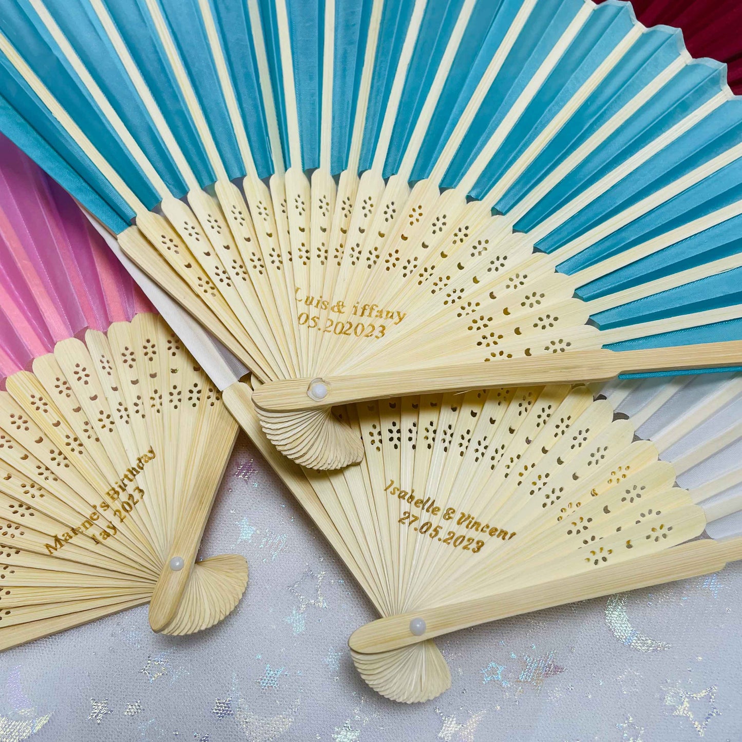 8 Colors Personalized Silk Fans, Folding Hand Fan, Wedding Bridal Party Favors (Middle engraving)