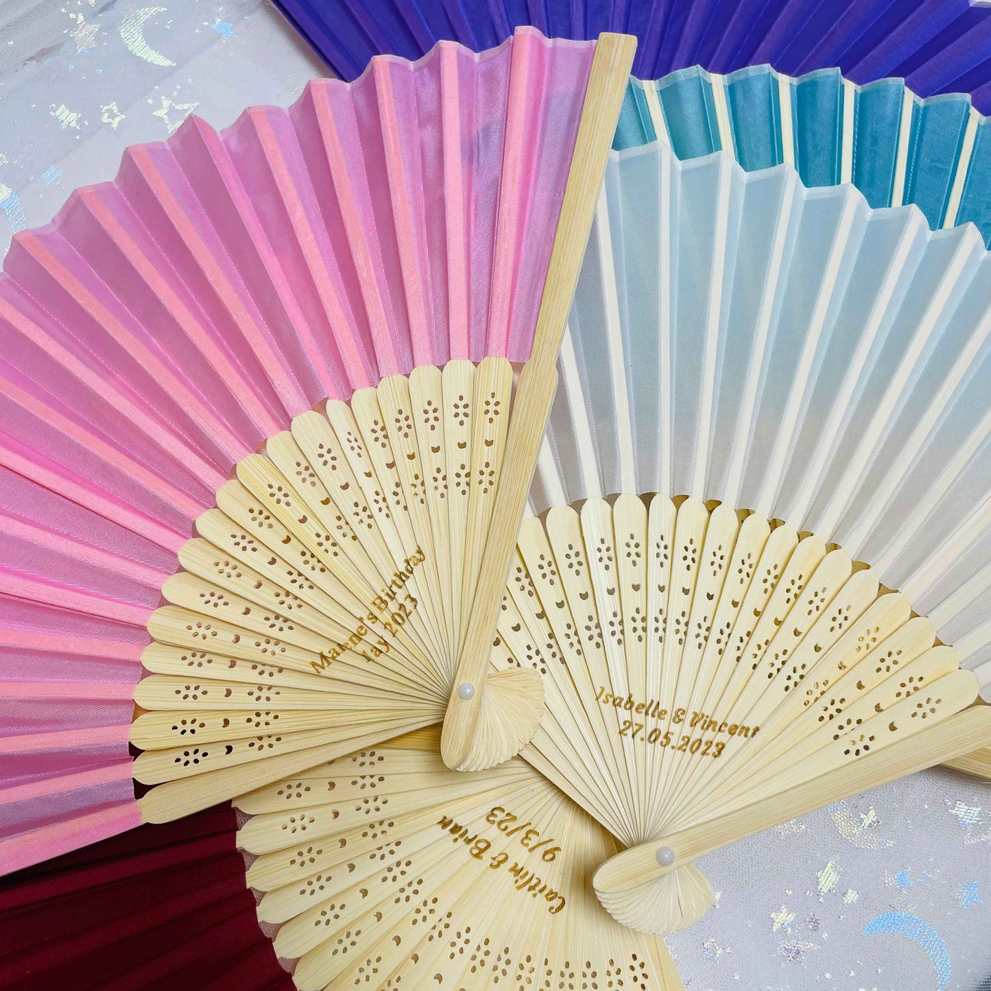 8 Colors Personalized Silk Fans, Folding Hand Fan, Wedding Bridal Party Favors (Middle engraving)