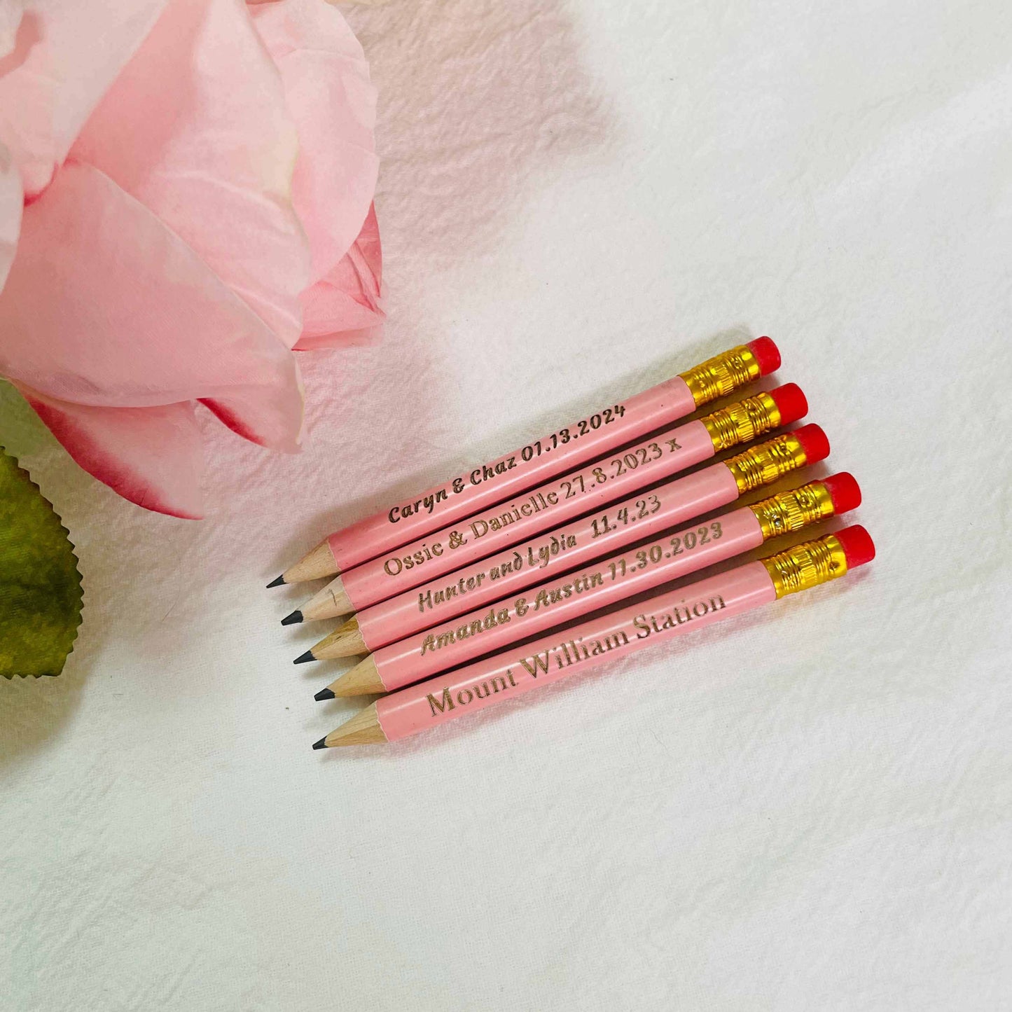 Pink Mini Pencils, Half Pencils, Pencil Save the Dates, Custom Engraved Pencil