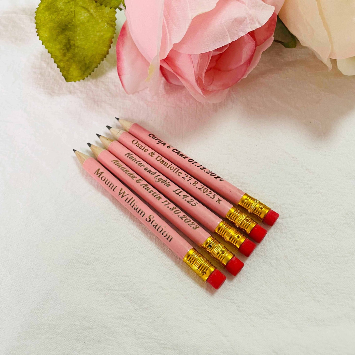 Pink Mini Pencils, Half Pencils, Pencil Save the Dates, Custom Engraved Pencil