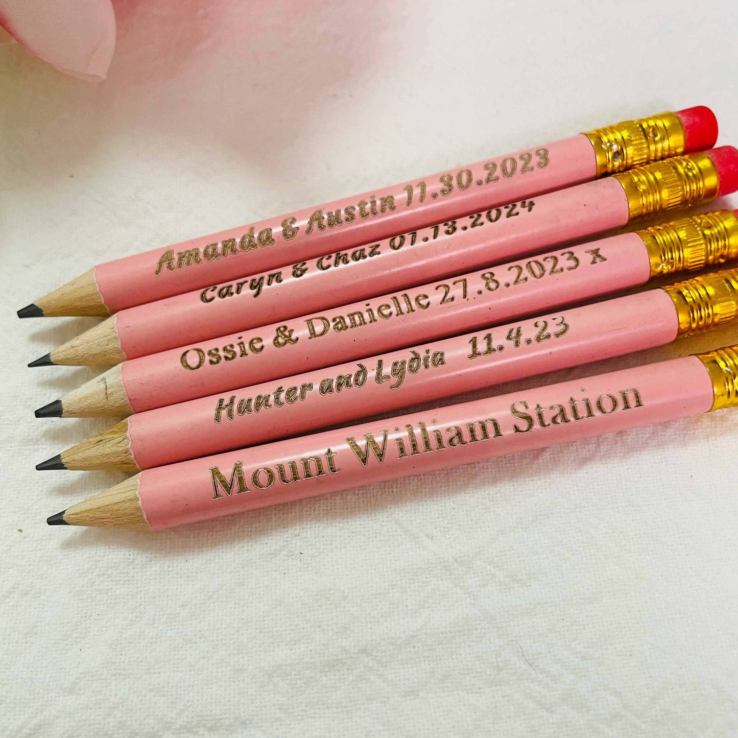 Pink Mini Pencils, Half Pencils, Pencil Save the Dates, Custom Engraved Pencil