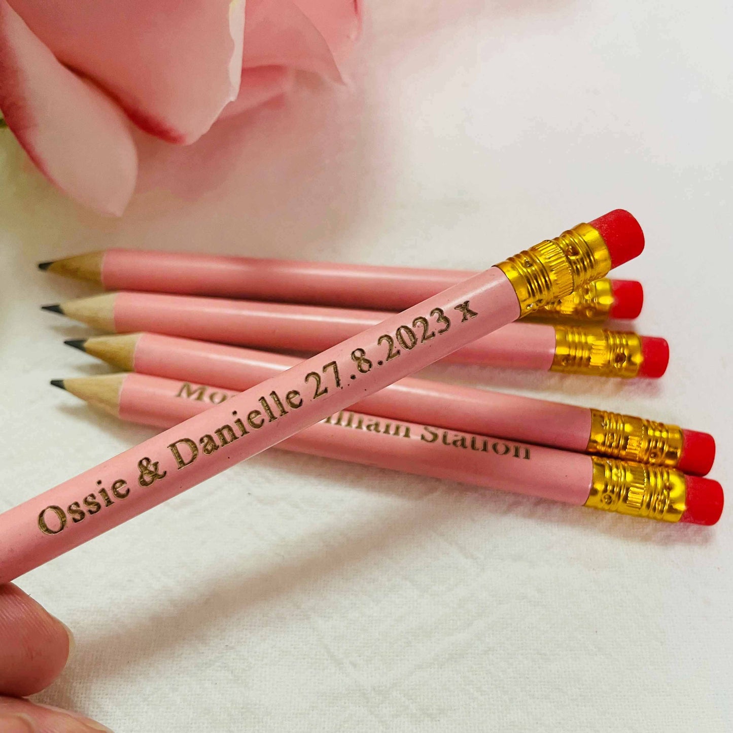 Pink Mini Pencils, Half Pencils, Pencil Save the Dates, Custom Engraved Pencil