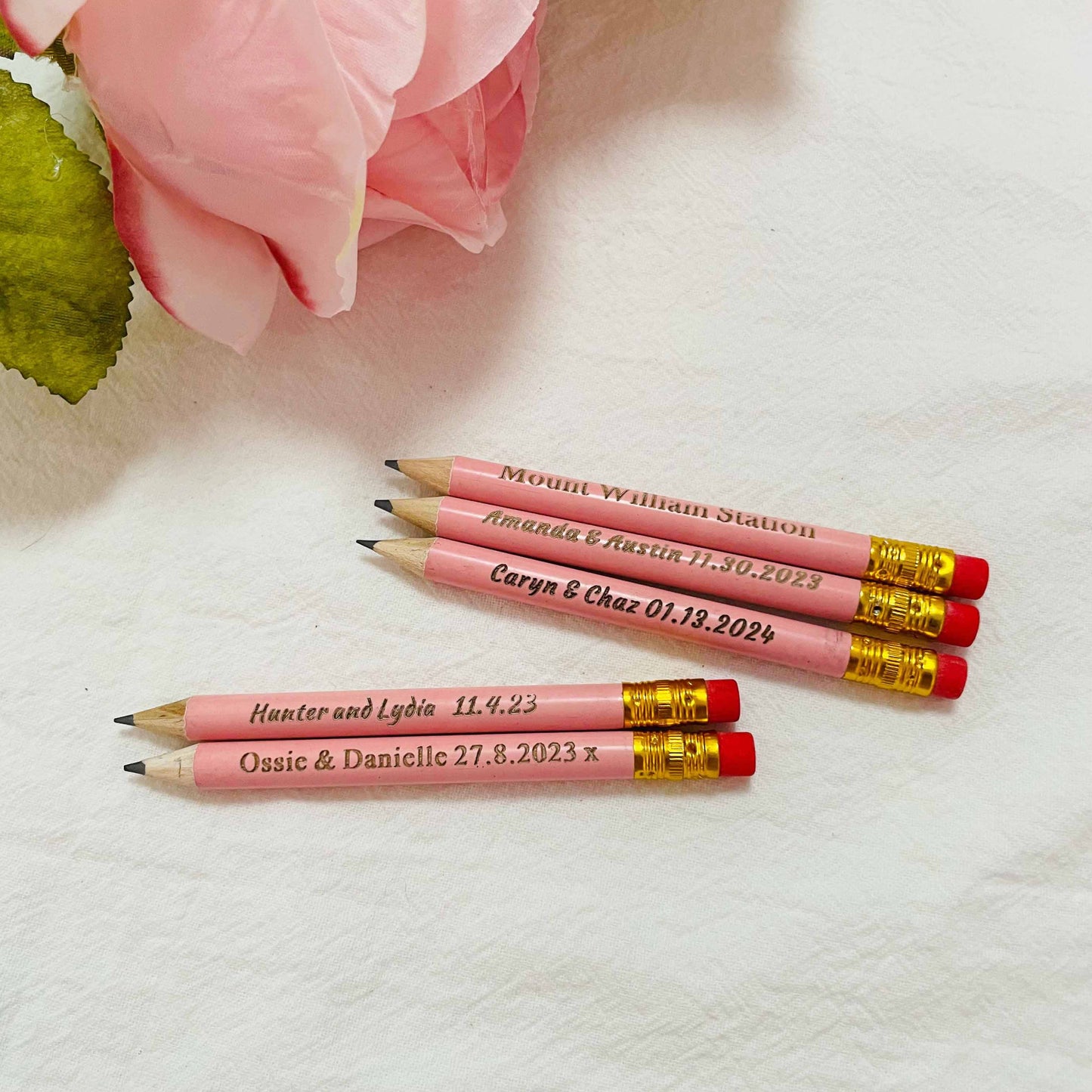 Pink Mini Pencils, Half Pencils, Pencil Save the Dates, Custom Engraved Pencil