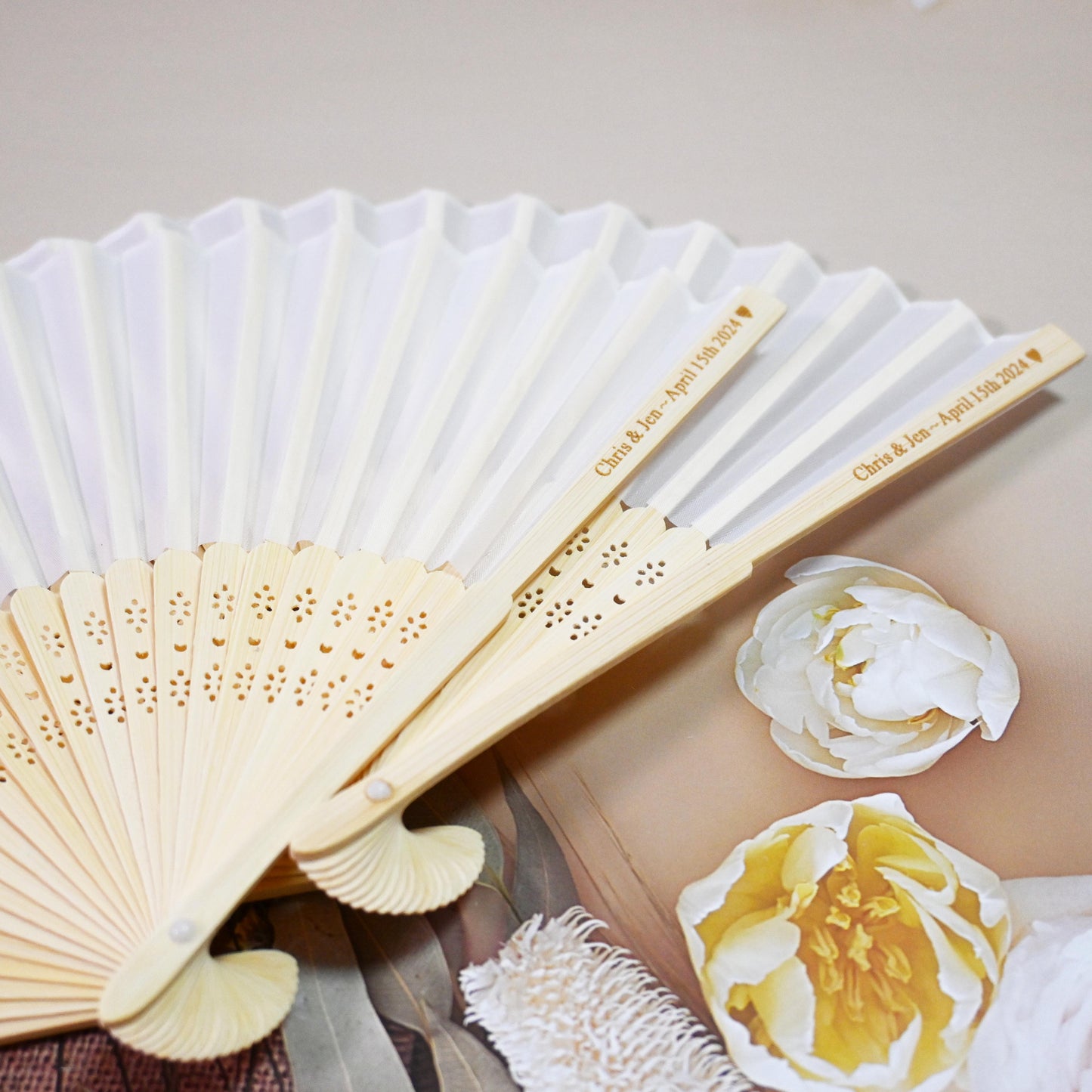 Custom White Silk Fans, Folding Hand Fan, Wedding Bridal Party Favors