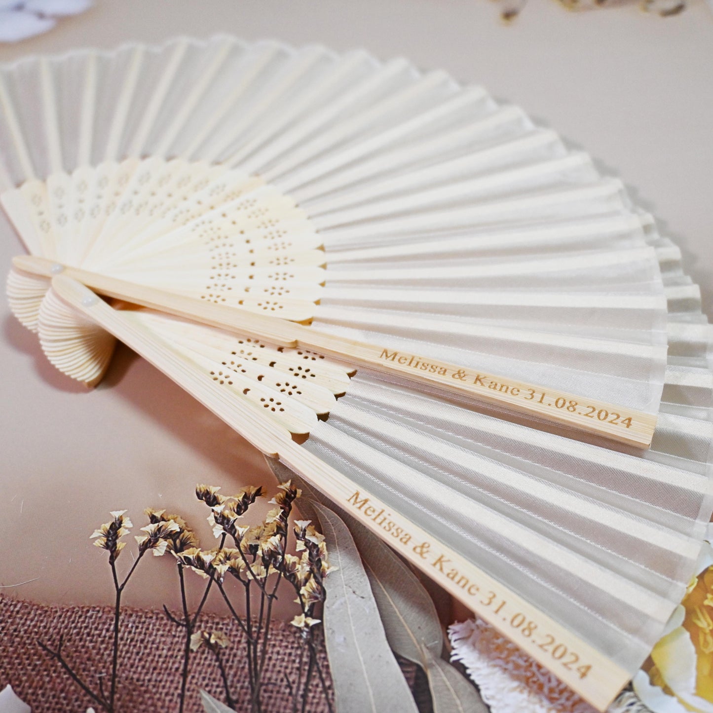 Personalized Beige Silk Fans, Folding Hand Fan, Wedding Bridal Party Favors, Baby Shower Gift