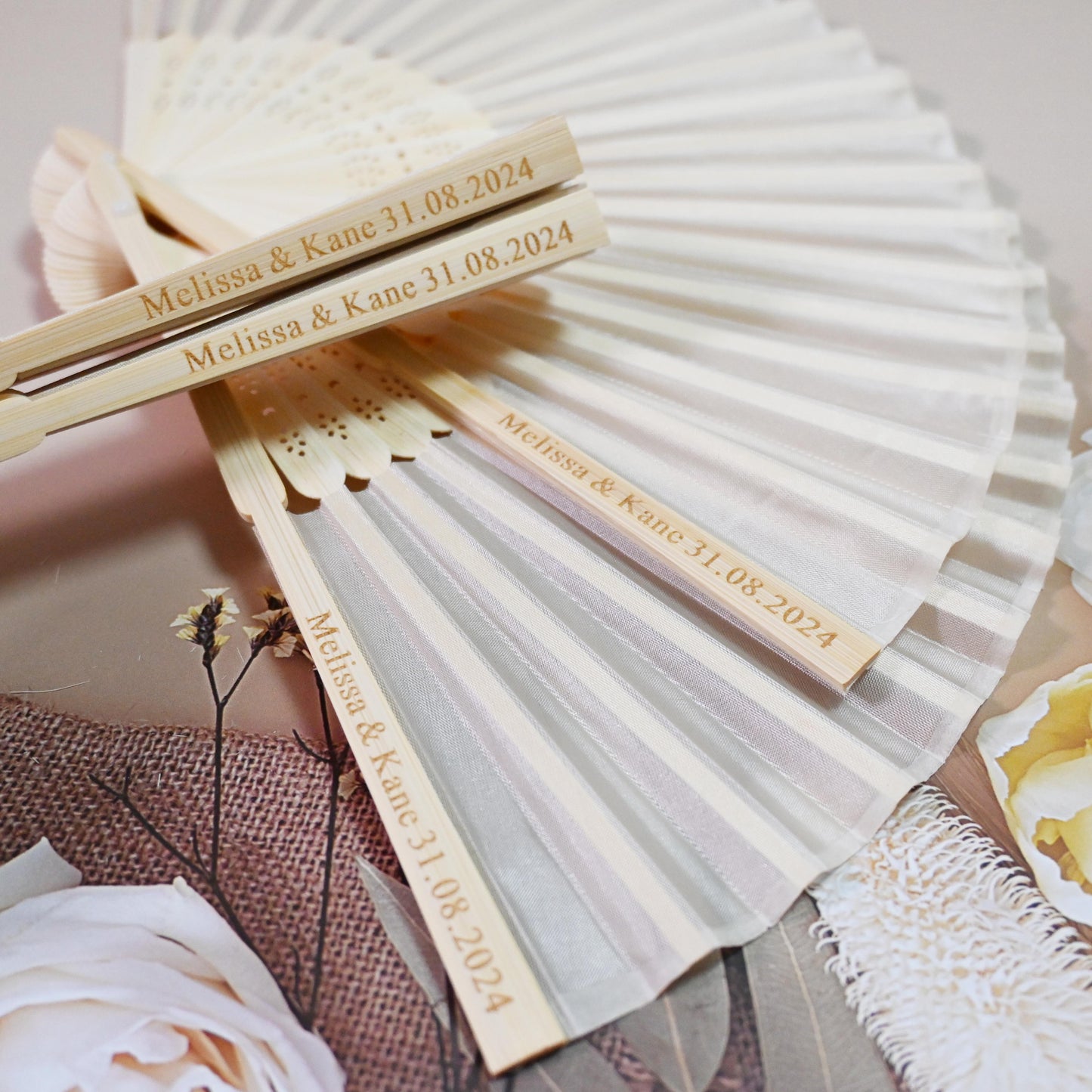 Personalized Beige Silk Fans, Folding Hand Fan, Wedding Bridal Party Favors, Baby Shower Gift