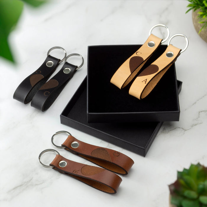 Personalised Leather Keyring Monogram Initials - Couples Gift Pair of Keyrings Valentines Hearts Love Married BF GF Christmas Birthday