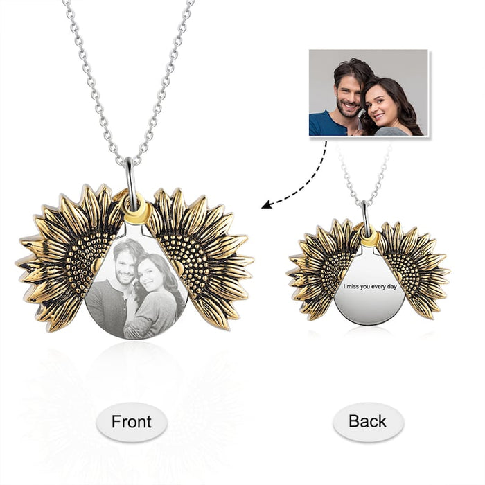 Personalized Sunflower Necklace, Custom Engraved Photo Memory Necklace for Mom, Picture Memorial Locket Necklace, Christmas Gifts for Her