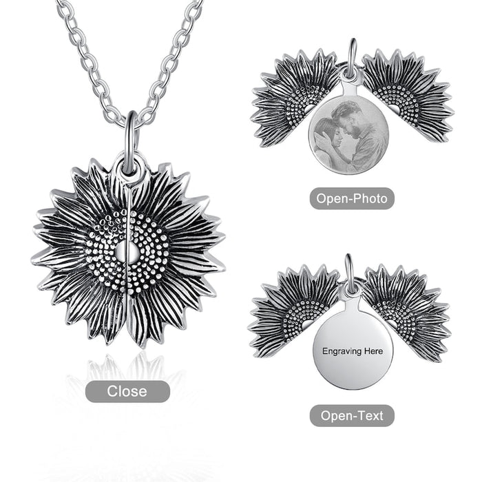 Personalized Sunflower Necklace, Custom Engraved Photo Memory Necklace for Mom, Picture Memorial Locket Necklace, Christmas Gifts for Her