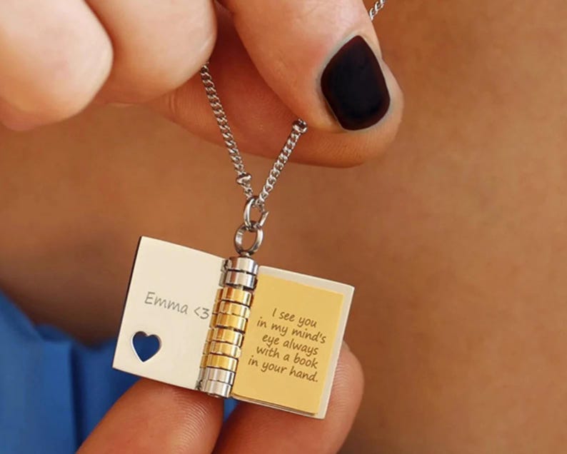 Personalized Silver Petite Book Locket Necklace Pendant Charm Message Necklace Bridesmaid Bridal Best Gift Keepsake Memory Gift for Her