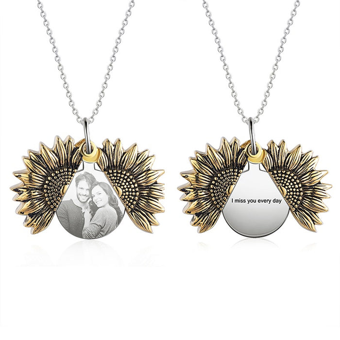Personalized Sunflower Necklace, Custom Engraved Photo Memory Necklace for Mom, Picture Memorial Locket Necklace, Christmas Gifts for Her
