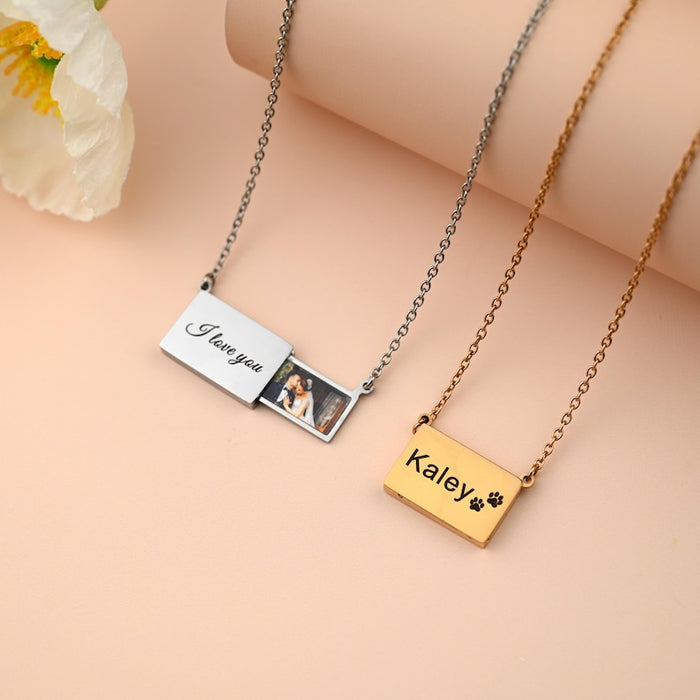 Personalized Envelope Locket Necklace • Photo Necklace • Engraved Memorial Photo Necklace • Pull-out Necklace