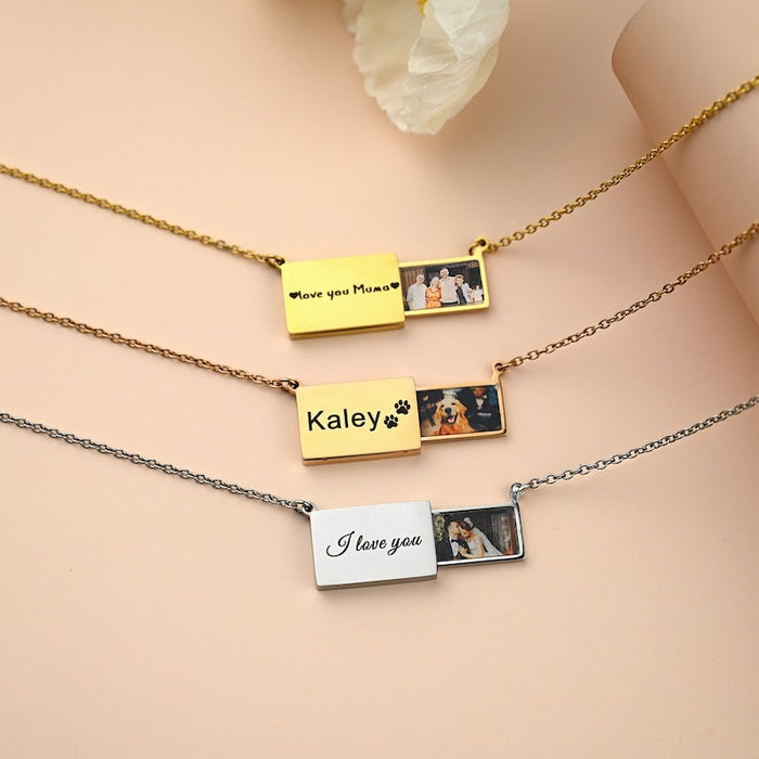 Personalized Envelope Locket Necklace • Photo Necklace • Engraved Memorial Photo Necklace • Pull-out Necklace