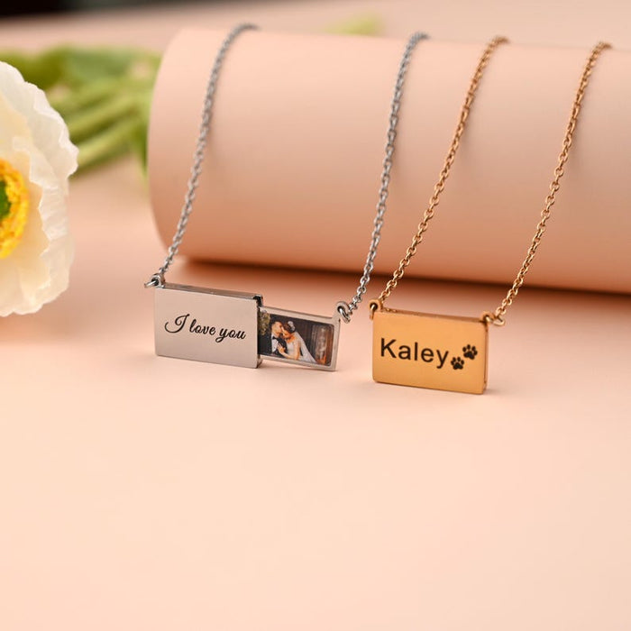 Personalized Envelope Locket Necklace • Photo Necklace • Engraved Memorial Photo Necklace • Pull-out Necklace