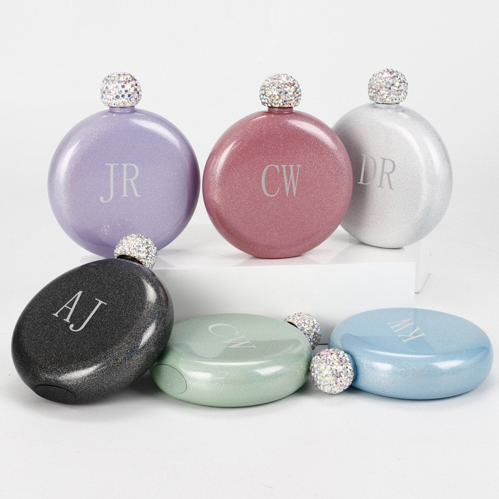 Personalized Round Flasks with Rhinestone Lid for Bridesmaid Gifts, Engraved Flask, Women's Flask, Travel Flask, Gift for Her, Maid of Honor