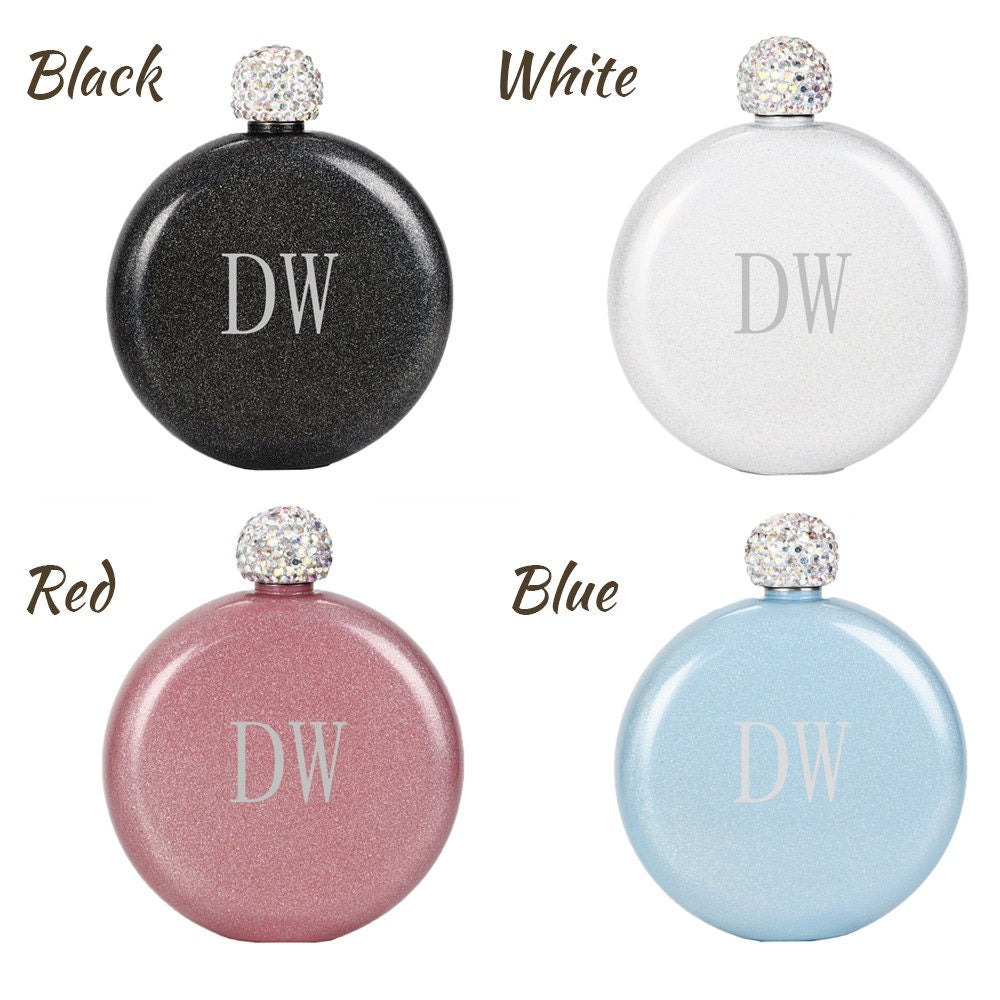 Personalized Round Flasks with Rhinestone Lid for Bridesmaid Gifts, Engraved Flask, Women's Flask, Travel Flask, Gift for Her, Maid of Honor