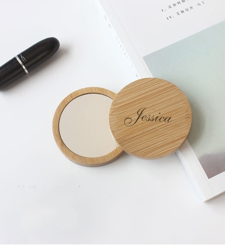 Custom Bamboo Compact Mirror, Personalized Round Pocket Mirror