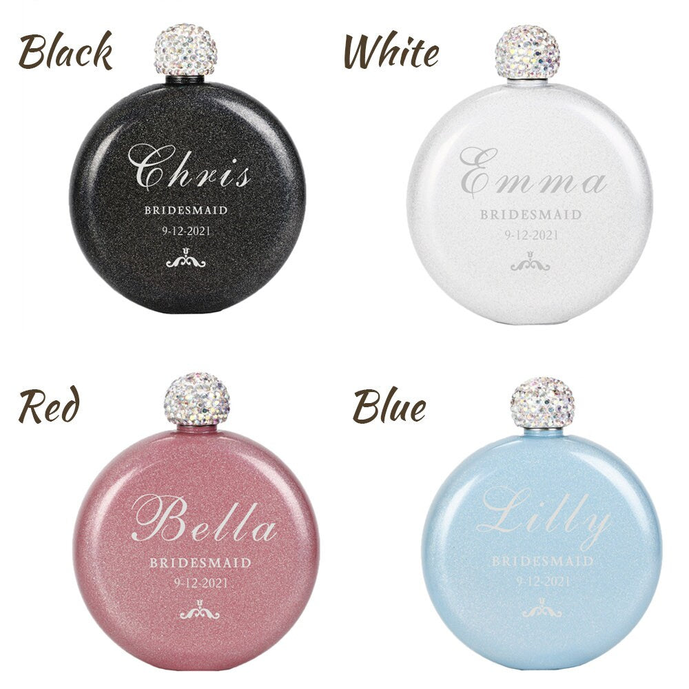 Personalized Women's Flask, Custom Flask Bridesmaid Gift, Engraved Flask, Bridal Party Gift, Maid of Honor, Round Flasks with Rhinestone Lid