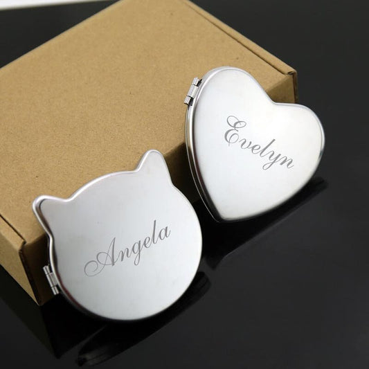 Personalized Engraved Silver Heart Compact Mirror Favor, Custom Cat Pocket Mirror