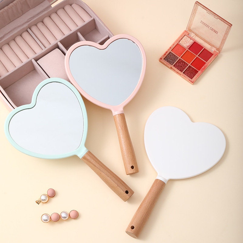 Custom Heart Handheld Makeup Mirror, Personalized Heart Mirror Wood Handle, Engraved Bridesmaid Gift,Party Favor Wedding Gifts, Gift for Her