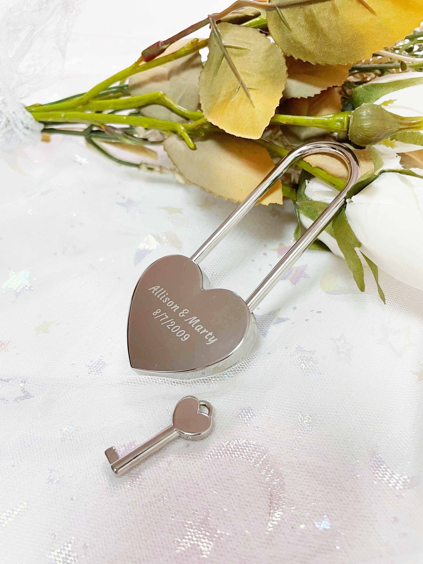 Cutom Engraved Silver Heart Love Lock with Key - Travel Bridge Love Lock