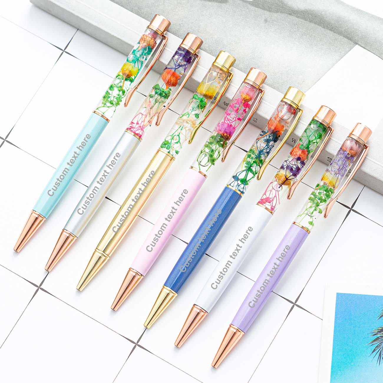 Personalized Flower Ballpoint Pens, Dynamic Liquid Flower Pens, Custom Name Message Pens,