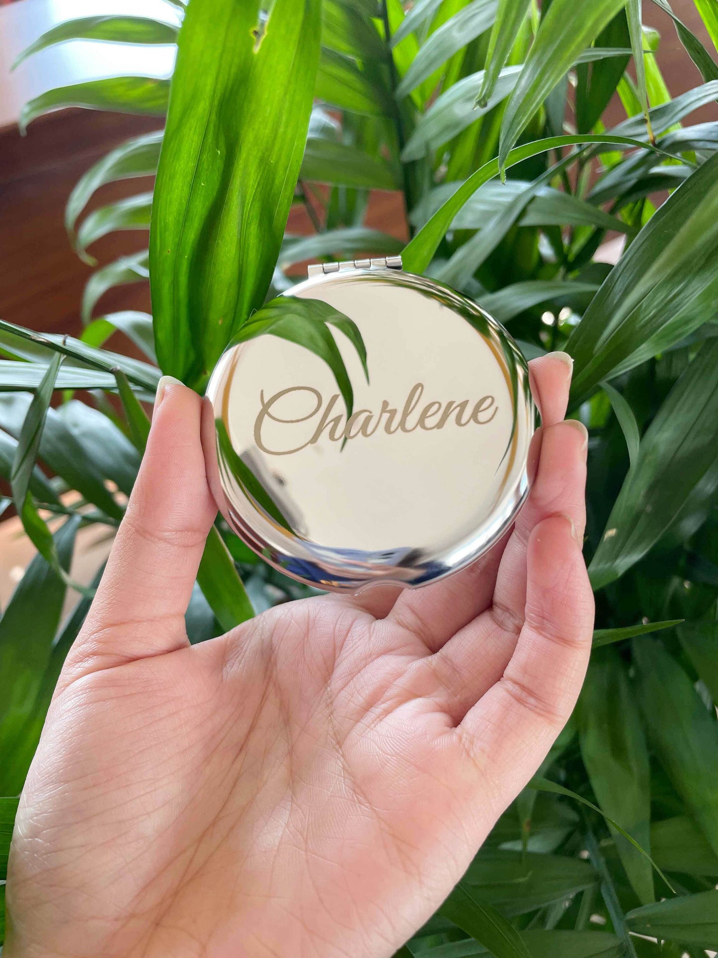 Personalized Engraved Silver Compact Mirror Favor