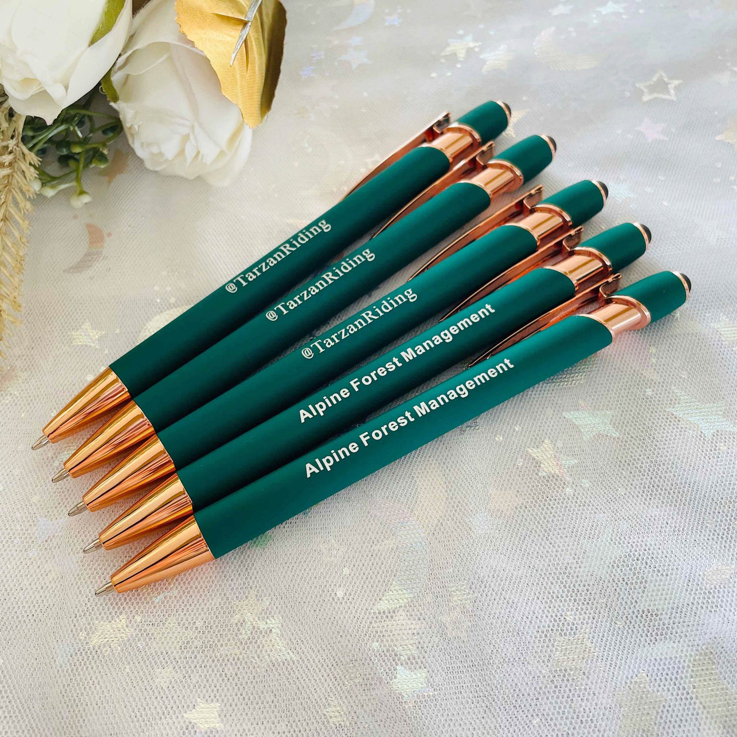 Personalized Business Pens Rose Gold Trim, Custom Ballpoint Pens with Stylus