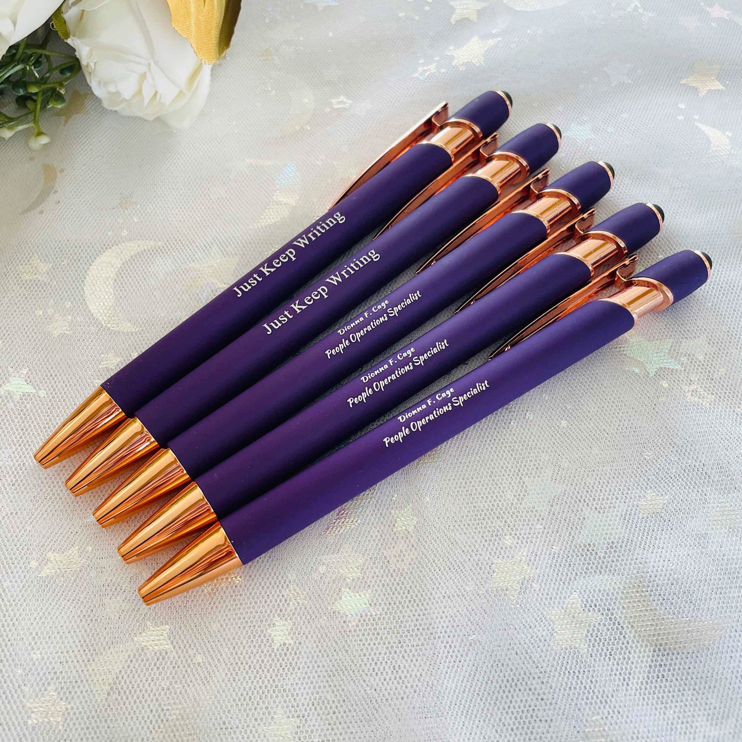 Personalized Business Pens Rose Gold Trim, Custom Ballpoint Pens with Stylus