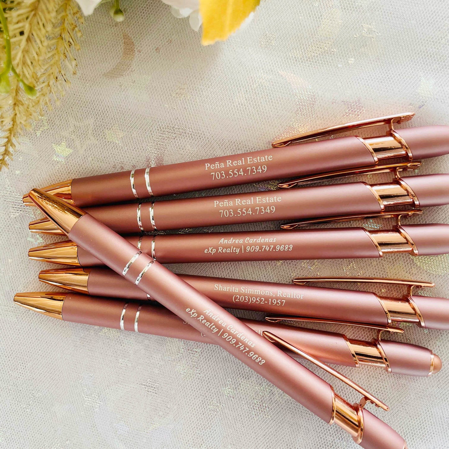 Personalized Business Pens Rose Gold Trim, Custom Ballpoint Pens with Stylus