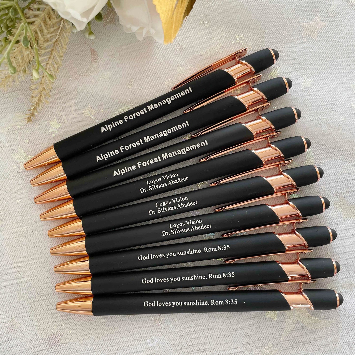 Personalized Business Pens Rose Gold Trim, Custom Ballpoint Pens with Stylus