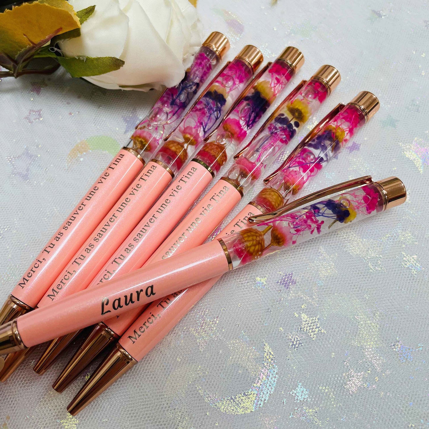 Personalized Flower Ballpoint Pens, Dynamic Liquid Flower Pens, Custom Name Message Pens,