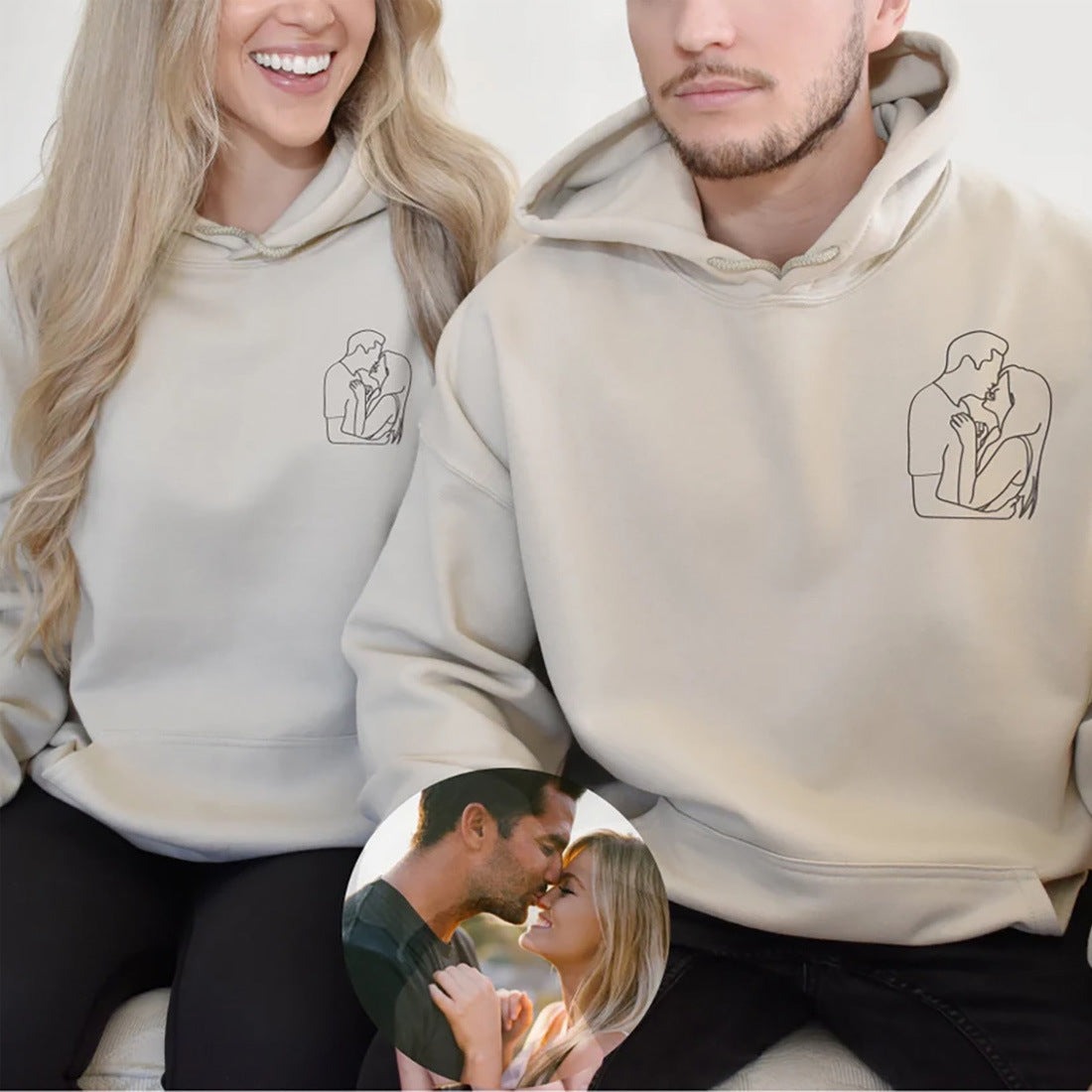 Embroidered Couples Portrait Hoodie, Personalized Portrait from photo, outline photo Hoodie, Custom Photo, Custom Portrait Hoodie