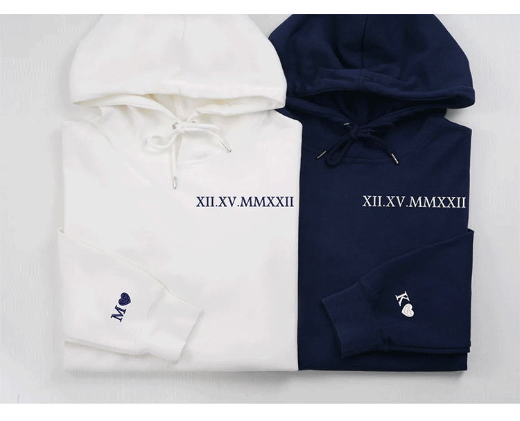 Custom Embroidered Roman Numeral Hoodie - Couples Gift - Personalized Gift Date Hoodie Initial on Sleeve - Engagements, 1st Anniversary gift