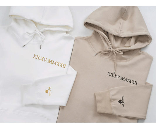 Custom Embroidered Roman Numeral Hoodie - Couples Gift - Personalized Gift Date Hoodie Initial on Sleeve - Engagements, 1st Anniversary gift